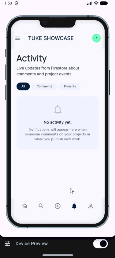 TUKE Showcase — Activity screen