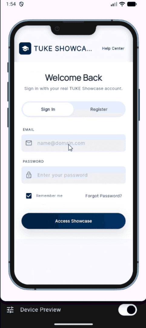 TUKE Showcase — Sign In screen