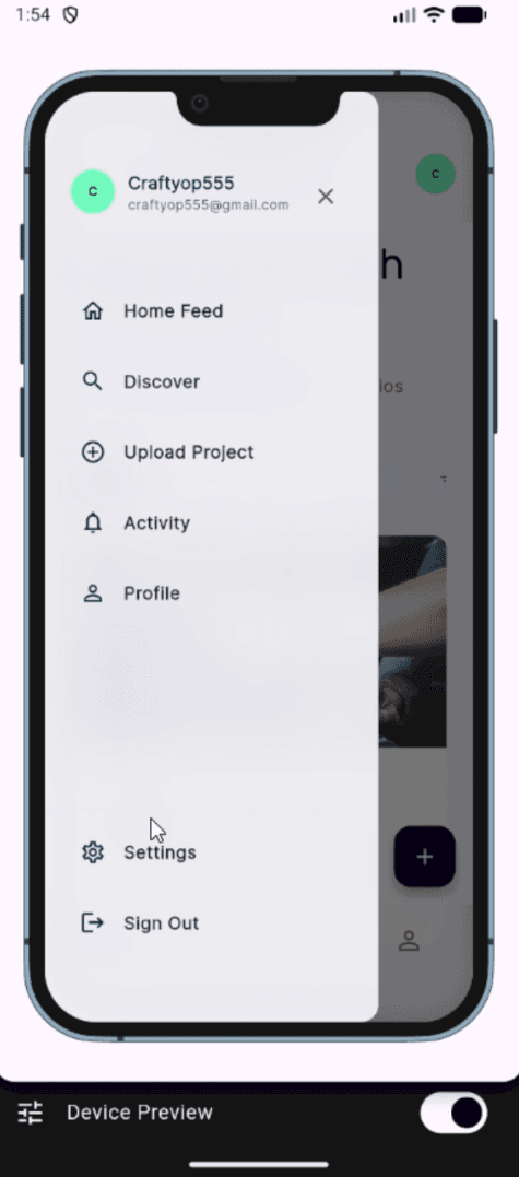 TUKE Showcase navigation menu with Home Feed, Discover, Upload Project, Activity, and Profile