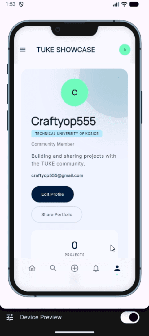 TUKE Showcase — Profile screen