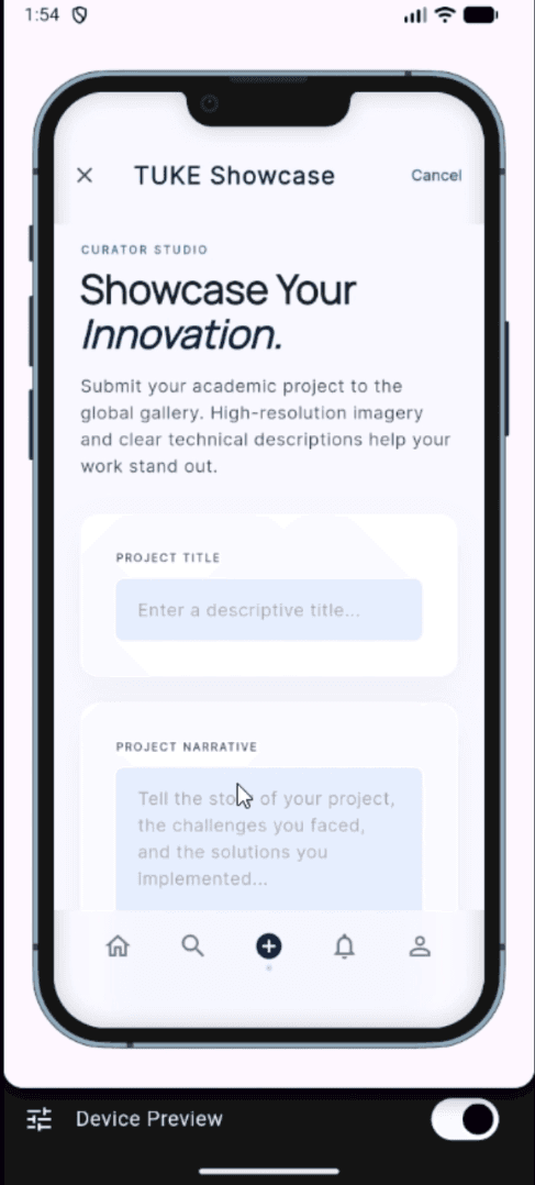 TUKE Showcase — Upload Project screen